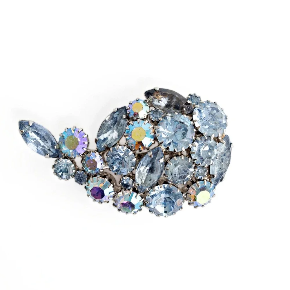 Vintage Blue Rhinestone Brooch Aurora Borealis 1950s Comet Shaped Mid-Century